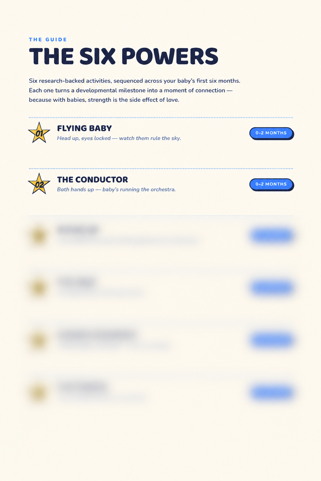 The Six Powers contents page listing six research-backed baby motor activities from 0 to 6 months