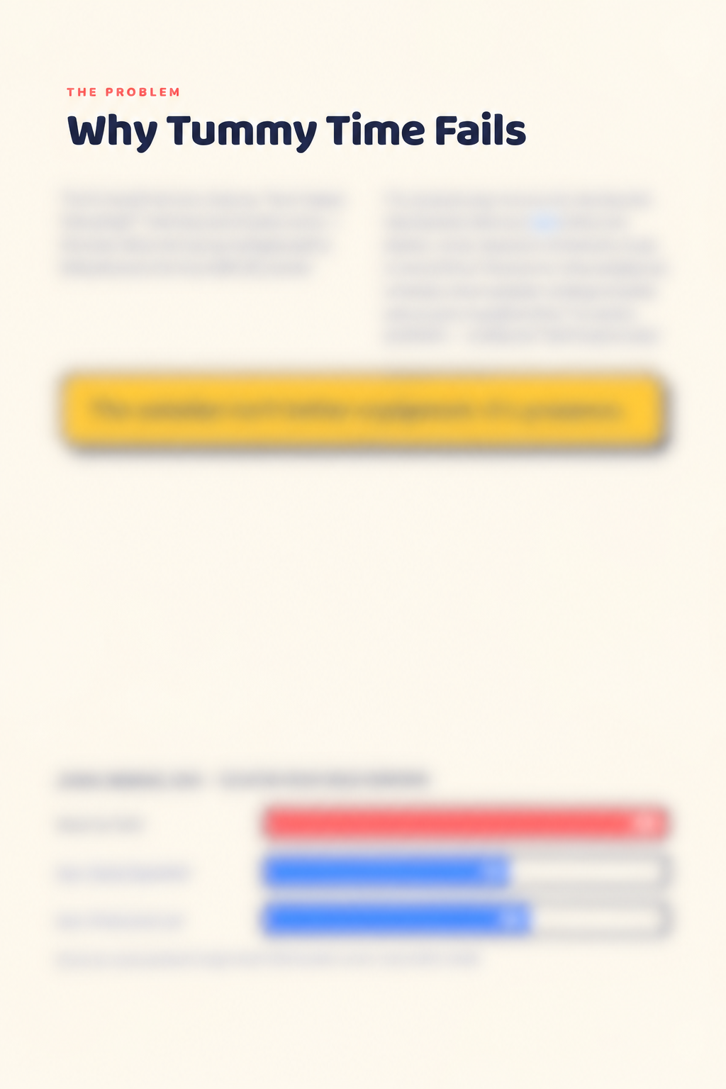Guide page explaining why mat-based tummy time fails, with head-hold duration comparison chart